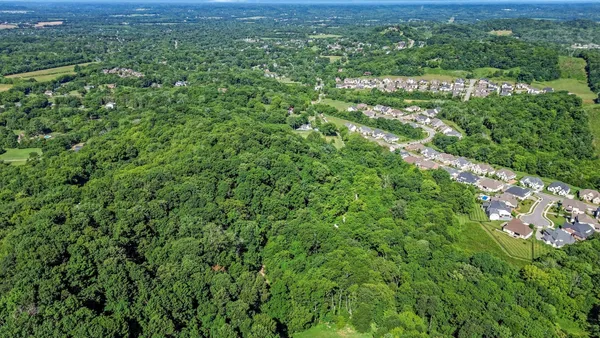 a view of a city with lush green forest