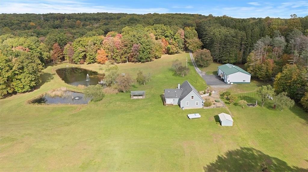 166 Ed Lees Lane Kennerdell, PA 16374 - Photo 3 of 46 Aerial view of garage (R), home (M), and 2 full-stocked ponds (L)