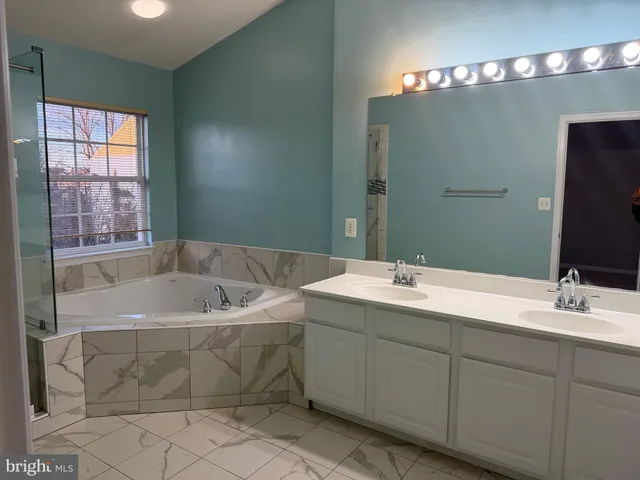 a bathroom with a bathtub a sink and mirror