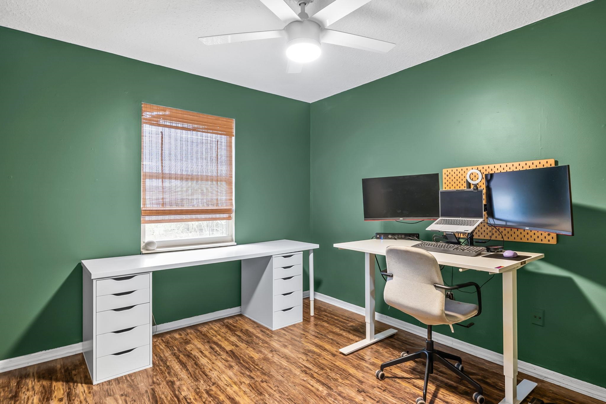 129 Pelican Road St. Augustine, FL 32086 - Photo 22 of 34 Office area with dark wood finished floors, a textured ceiling, and ceiling fan