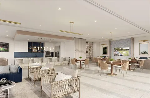 a living room with furniture and view of kitchen