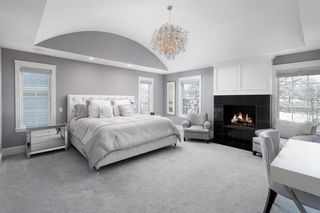 640 Wellner Road Naperville, IL 60540 - Photo 24 of 48 a bedroom with a bed and a fireplace
