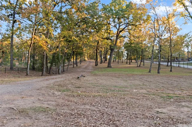a view of dirt yard with a trees