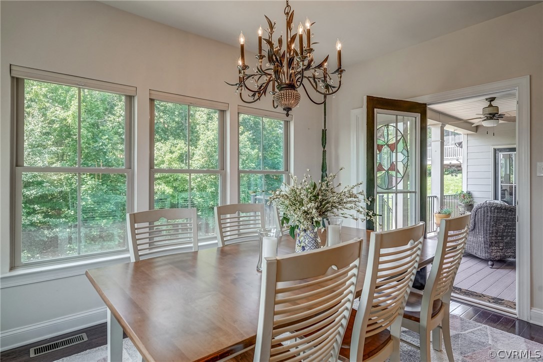 13119 Rodington Court Midlothian, VA 23113 - Photo 23 of 49 a view of a dining room with furniture a chandelier and large windows
