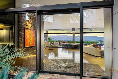 a bathroom with a large window