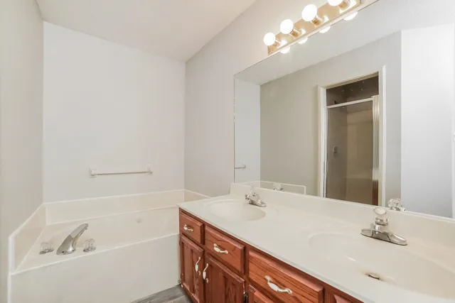 a bathroom with a tub a sink and mirror