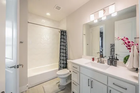 a bathroom with a shower sink vanity mirror and toilet