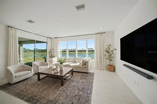 a view of a dining room with furniture window and outside view