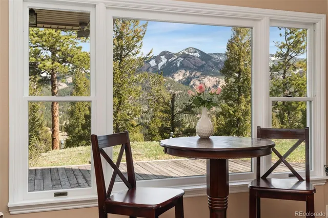 a view of a dining room with furniture window and outside view