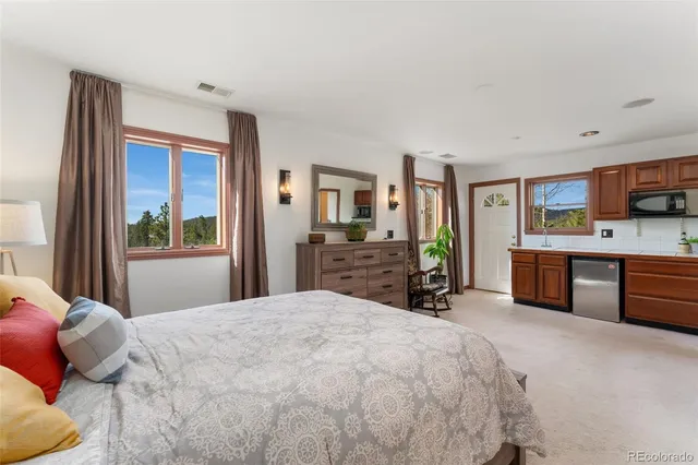 a bedroom with a large bed and a large window