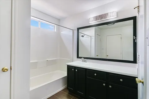 a bathroom with a bathtub shower sink vanity and mirror