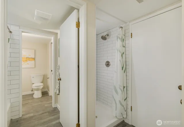 a bathroom with a shower and a toilet