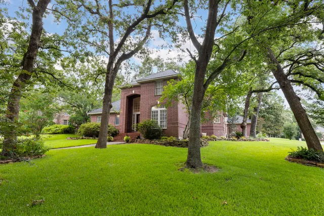 a garden with trees in the background