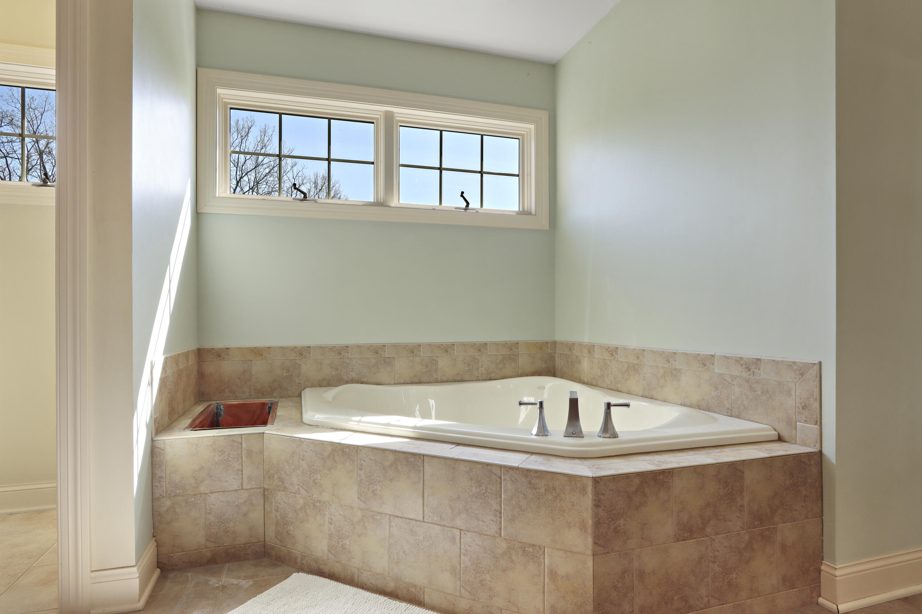 392 County Road B Fontana, WI 53125 - Photo 32 of 75 The corner jetted tub has eastern facing transom windows and a tile surround and is a wonderful place to soak away your stress .