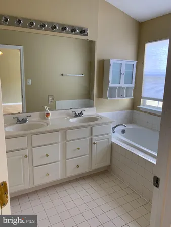 a bathroom with a tub sink and mirror