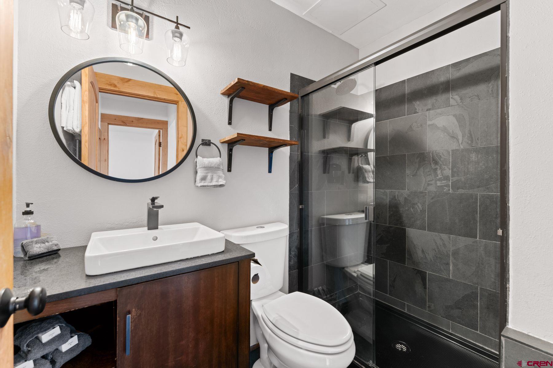 31 Castle Road, Unit 1 Crested Butte, CO 81225 - Photo 7 of 34 a bathroom with a sink mirror toilet and vanity