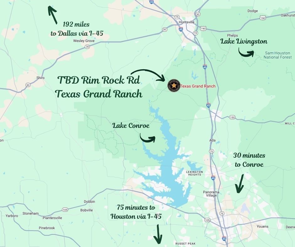 5-23-14 Rim Rock Road Huntsville, TX 77340 - Photo 4 of 45 Texas Grand Ranch is conveniently located just around the corner from the Huntsville State Park, 30 minutes to Huntsville, 30 minutes to Conroe, and just an hour to Houston.