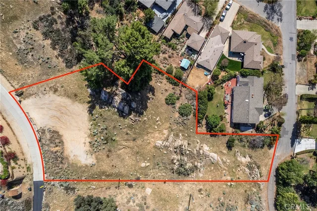 an aerial view of a house with a yard and large trees