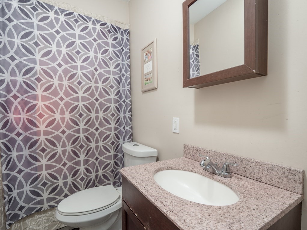 83 Canterbury Street Worcester, MA 01603 - Photo 37 of 42 a bathroom with a granite countertop toilet sink mirror and shower