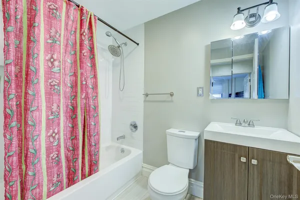 a bathroom with a sink a toilet and shower curtain