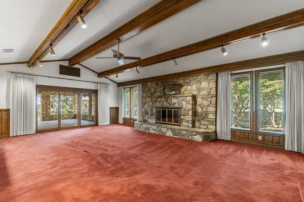 a large hall with window