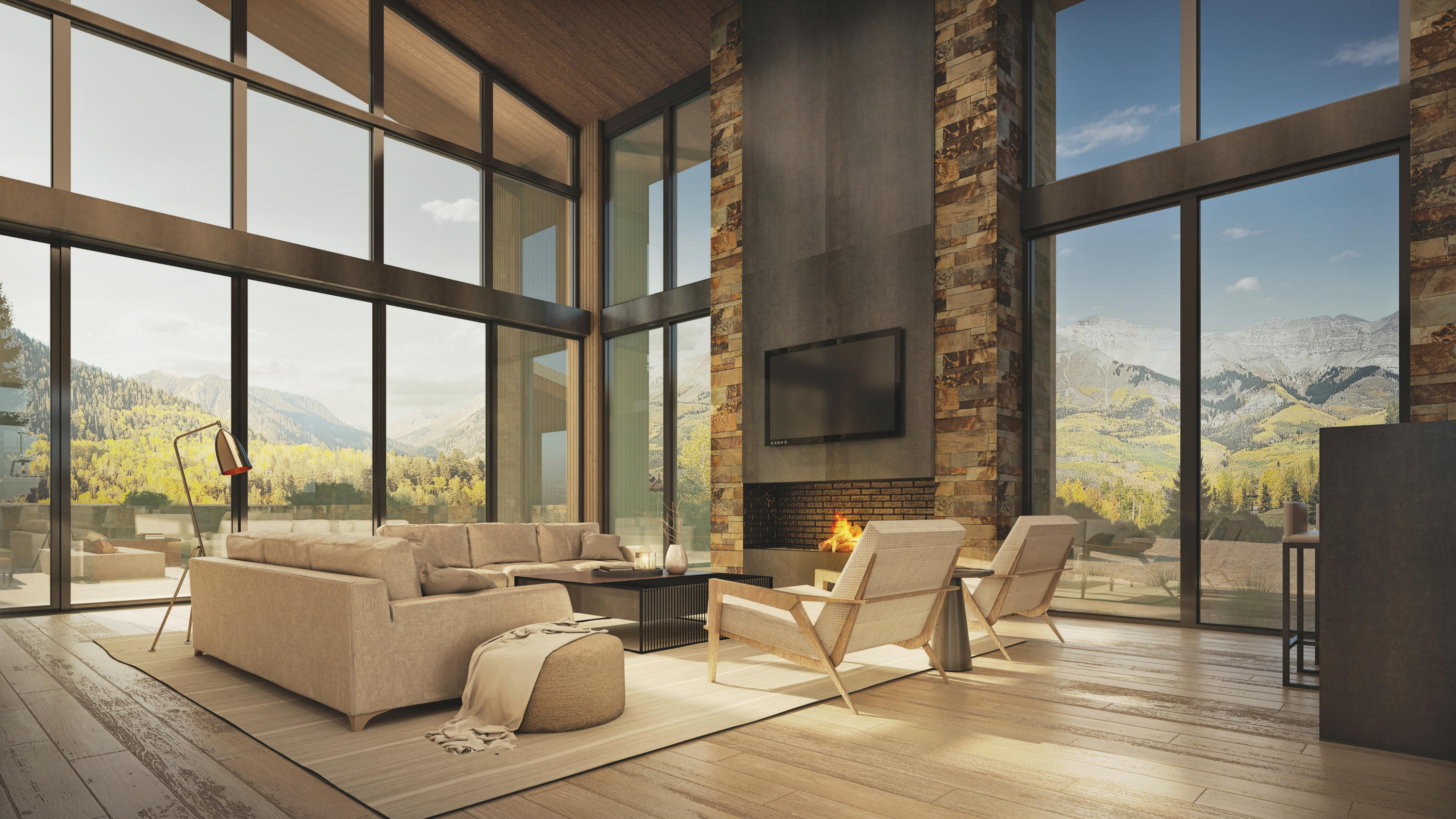 167 Adams Ranch Road Mountain Village, CO 81435 - Photo 3 of 17 a living room with fireplace furniture and a large window