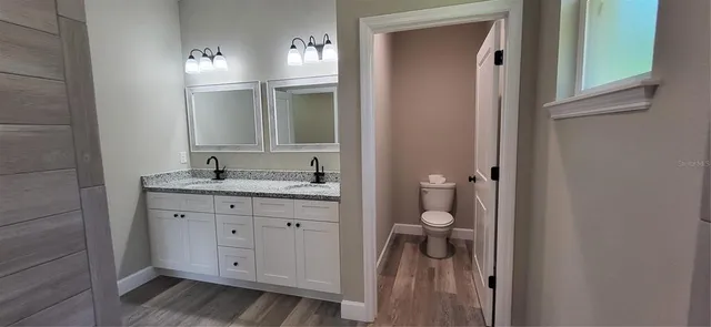 a bathroom with a granite countertop sink and a mirror