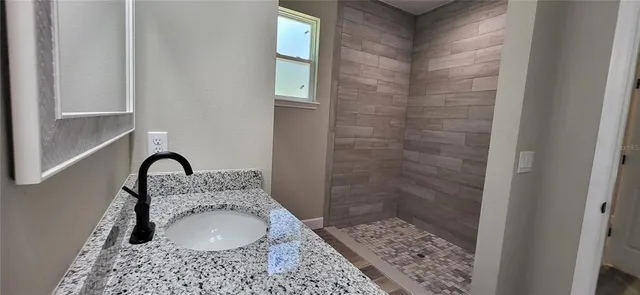 a bathroom with a granite countertop sink and a mirror