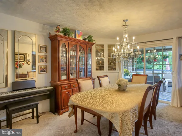 a view of a dining room with furniture wooden floor and chandelier