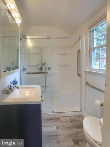 a bathroom with a sink a toilet and shower