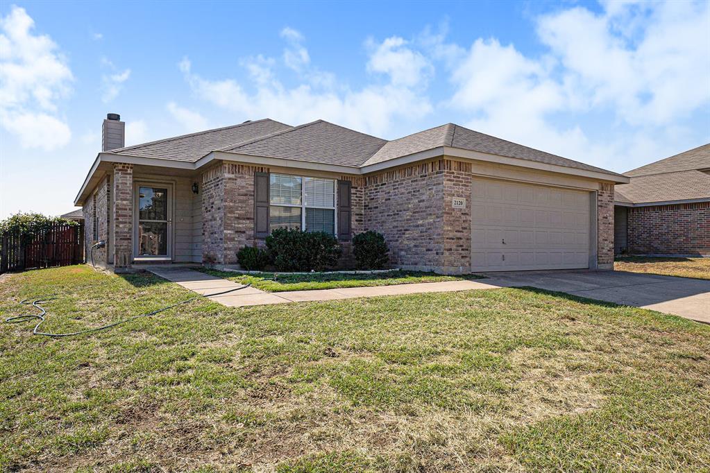 2120 Bliss Road Fort Worth, TX 76177 - Photo 2 of 25 Single story home featuring a chimney, a garage, concrete driveway, brick siding, and roof with shingles