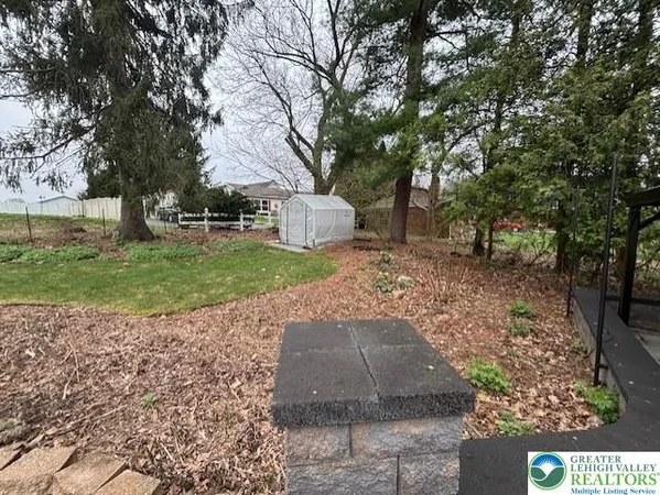 a view of a yard with plants and trees