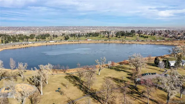 a view of a lake with a city