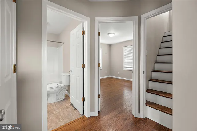 a view of a bathroom with wooden floor