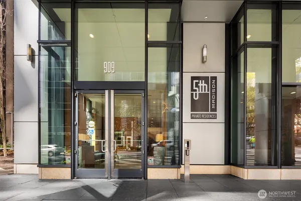 a front view of a building with a glass door