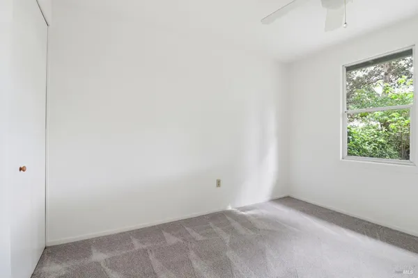 a bedroom with a large bed and a potted plant