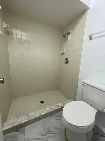 a bathroom with a toilet and a shower