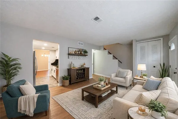 a living room with furniture rug and a potted plant