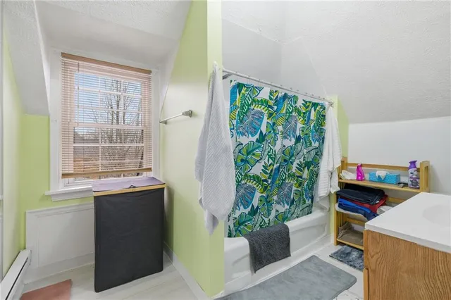 a room with a window and a potted plant