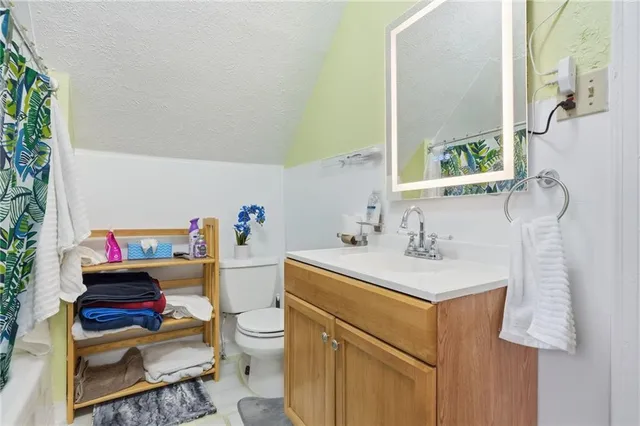 a bathroom with a sink toilet vanity and tub