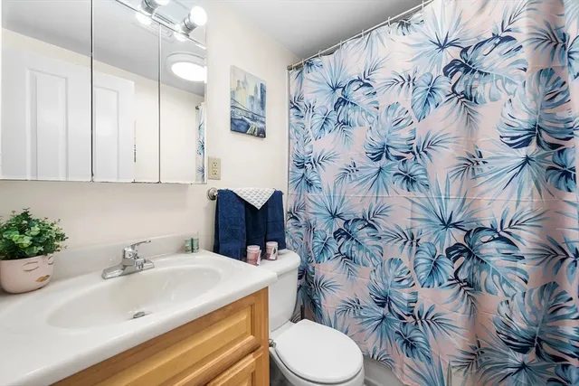 a bathroom with a sink and mirror with toilet
