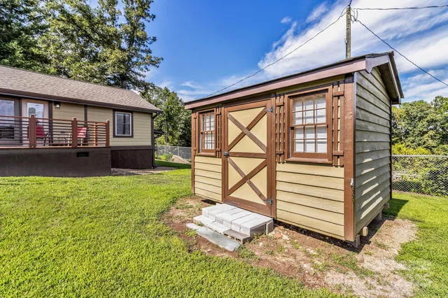 a view of a porch with a backyard