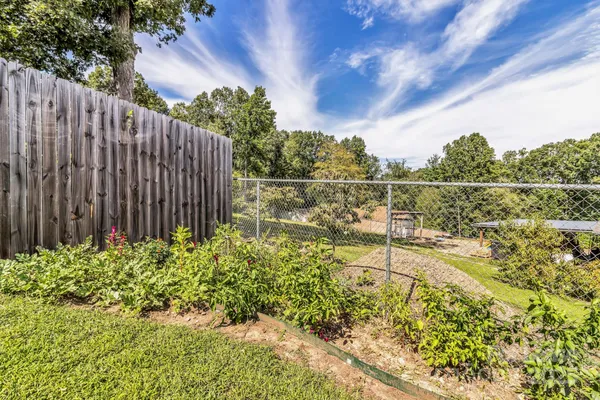 a view of a garden with a bench