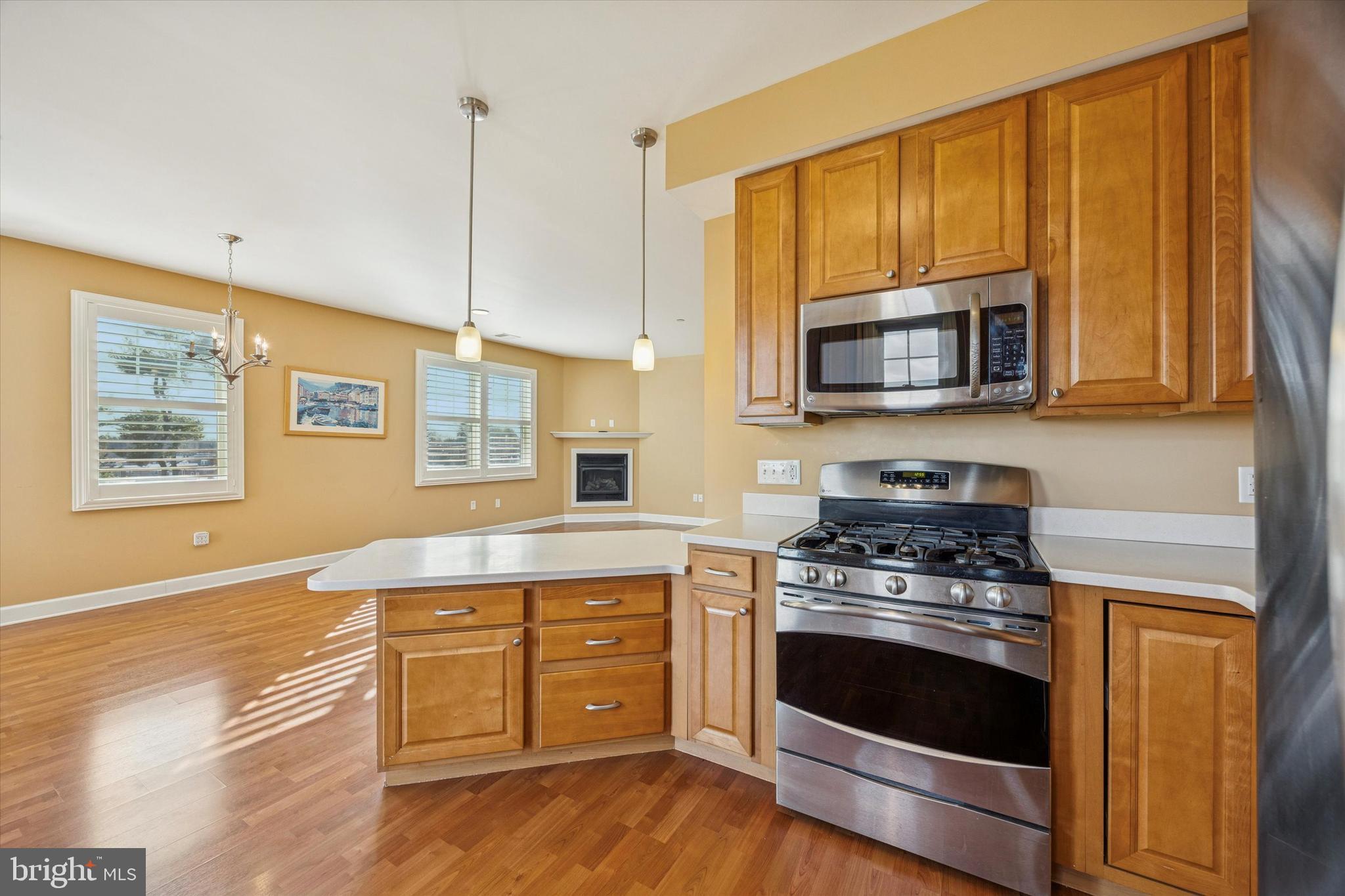 300 Tyler Court, Unit 431 Philadelphia, PA 19111 - Photo 10 of 29 a kitchen with stainless steel appliances a stove a microwave oven cabinets and a wooden floor