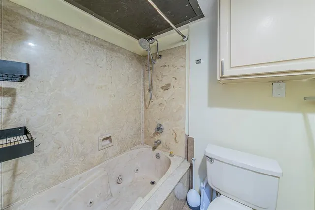 a bathroom with a bathtub and a toilet