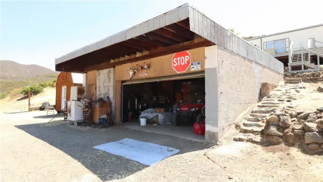 a view of a couch in front of building