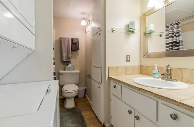 a bathroom with a granite countertop toilet sink and mirror