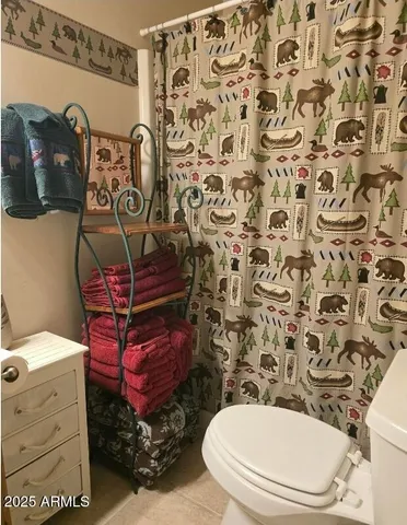 a bathroom with a toilet and a shower curtain