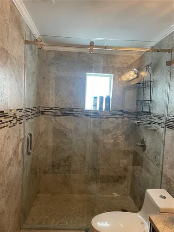 a bathroom with a shower a toilet and a window