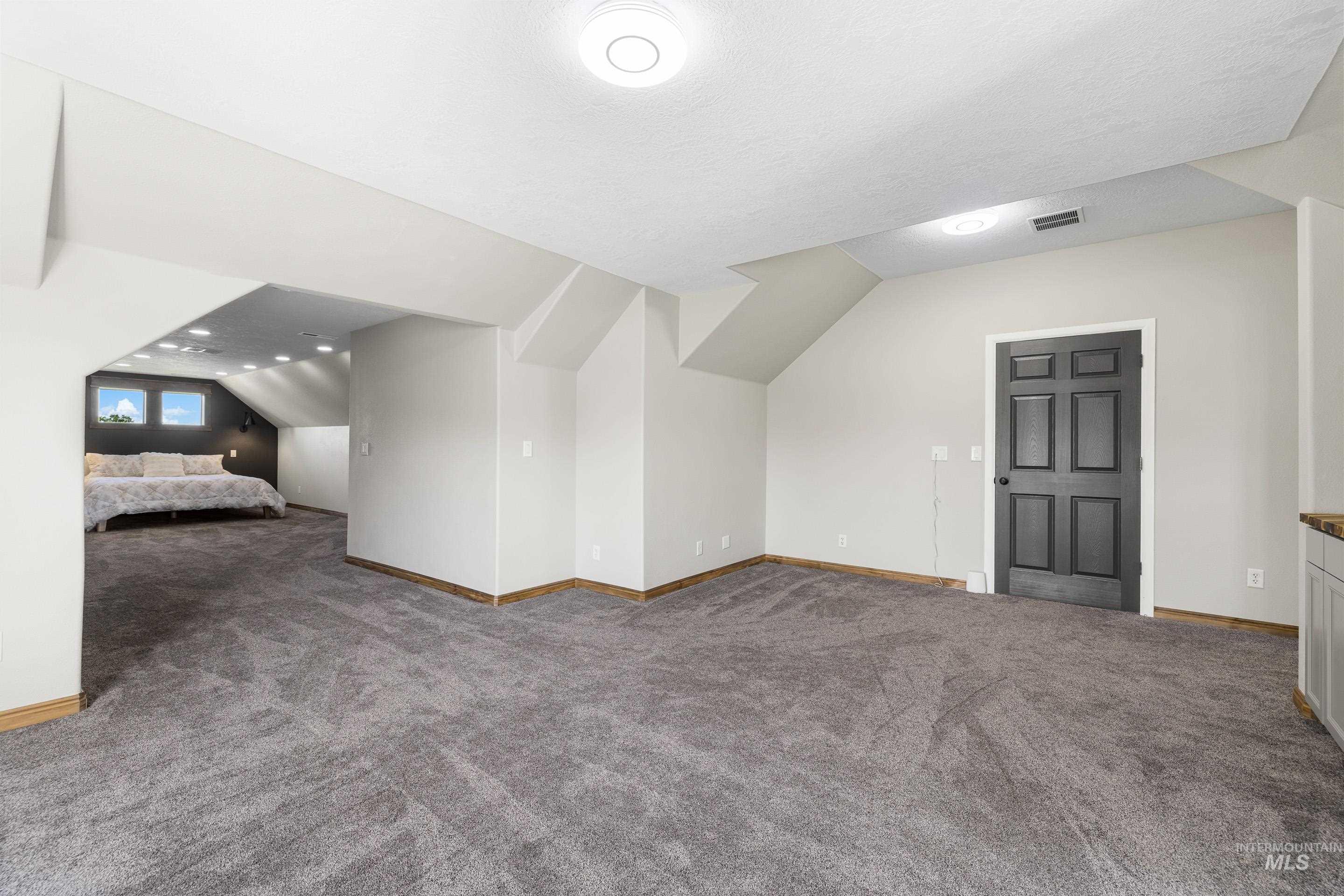 14119 Silver Ridge Road Caldwell, ID 83607 - Photo 40 of 50 Additional living space with vaulted ceiling, carpet flooring, and a textured ceiling